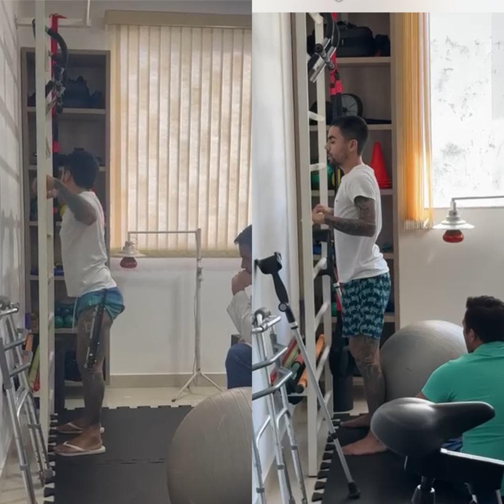 Paciente em sessão inicial de fisioterapia — retomada do movimento. Identidade preservada.