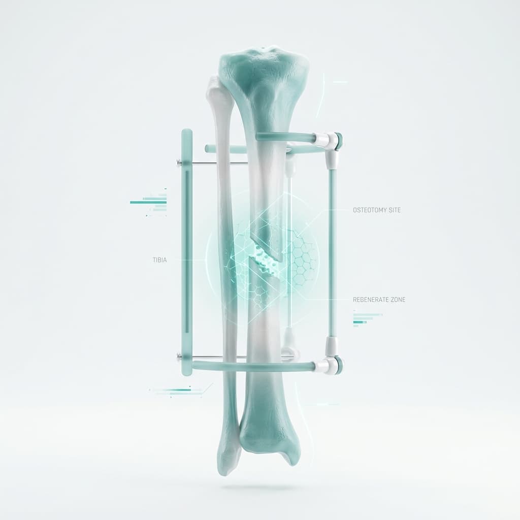 Método LON — fixador externo linear associado a haste intramedular na tíbia. Identidade do paciente preservada.